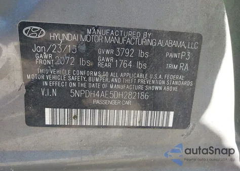 2013 Hyundai Elantra Gls z USA, uszkodzony, nr VIN 5NPDH4AE5DH282186